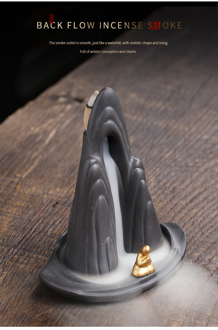 zensoullab Original Purple Clay Backflow Incense Burner Mountain Water Flowing Little Monk Home Decor Ornament Backflow Incense Burner Craft