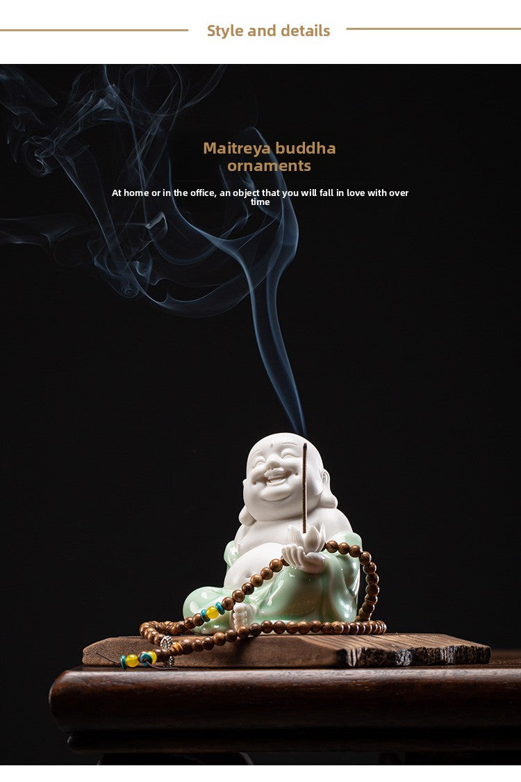 zensoullab Creative New Chinese Style Ceramic Maitreya Buddha Statue Desktop Ornament Home Incense Holder Incense Burner Incense Tray