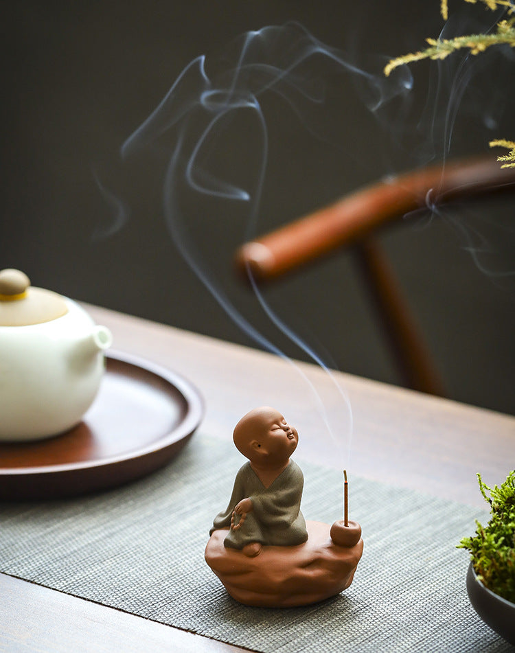 zensoullab Zen Purple Clay Little Monk Incense Holder Ornament for Home Indoor Living Room Tea Tray Incense Ceremony Sandalwood Stand Incense Tray Incense Burner