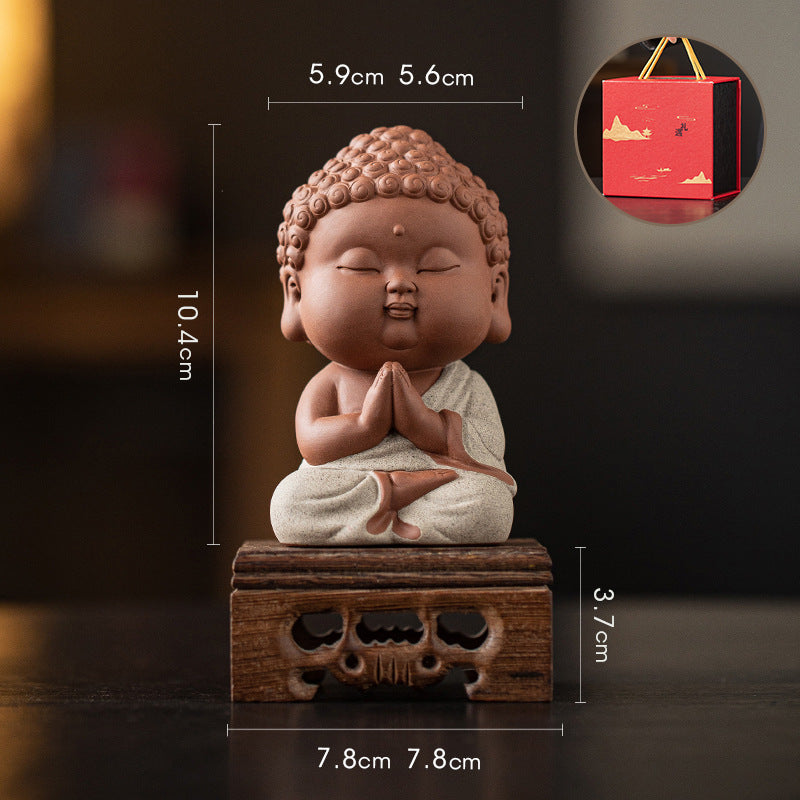 zensoullab Zen Purple Clay Small Buddha Figurine Cute Buddha Statue Chinese Style Home Tea Room Curio Shelf Tea Table Decoration
