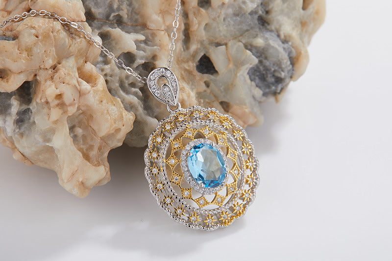 zensoullab Italian Craft Natural Topaz Hollow Necklace for Women with Unique Design Sense, Niche Light Luxury Pendant, S925 Sterling Silver Inlaid