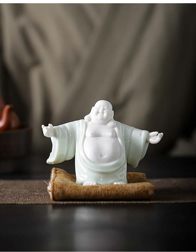 zensoullab Ceramic Fortune Maitreya Buddha Statue Big Belly Laughing Buddha Zen Home Living Room Entrance Hall Display Shelf Car Decoration Ornament