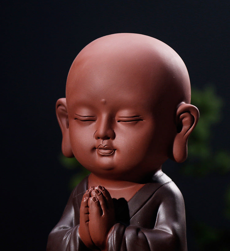 zensoullab Zen Purple Clay Blessing Little Monk Home Decor Chinese Style Entrance Living Room Buddha Hall Large Small Novice Figurine