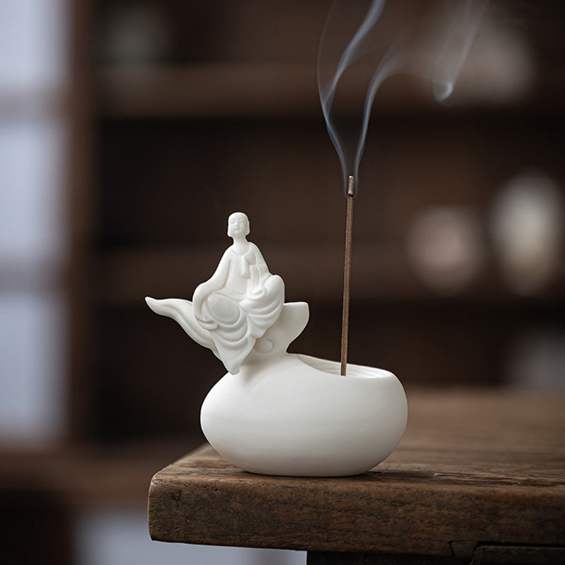 zensoullab Premium White Porcelain Incense Burner Little Monk Incense Holder Home Indoor Zen Style Formless Buddha Ornament Sandalwood Agarwood Aromatherapy Burner