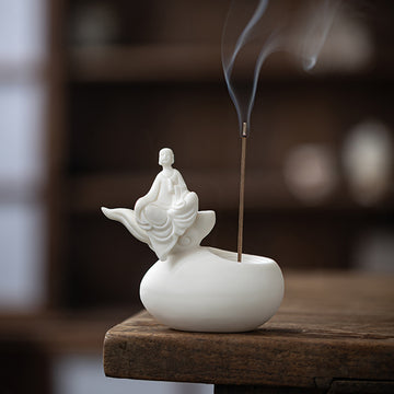 zensoullab Premium White Porcelain Incense Burner Little Monk Incense Holder Home Indoor Zen Style Formless Buddha Ornament Sandalwood Agarwood Aromatherapy Burner