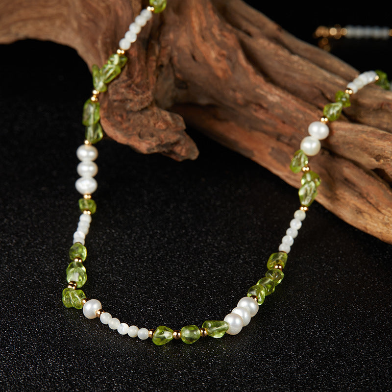 zensoullab S925 Sterling Silver Natural Peridot Pearl White Shell Gemstone Necklace for Women, Niche Sweet High-end Beaded Collarbone Chain