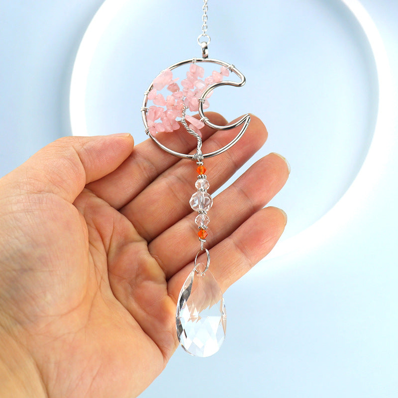 zensoullab Rose Quartz Crushed Stone Tree of Life Crystal Pendant Hanging Ornament Indoor Curtain Decoration Hanging Accessories