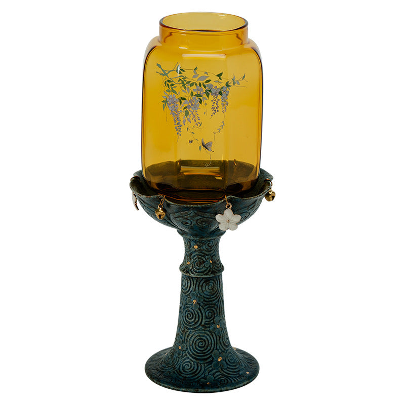 zensoullab New Chinese Style Antique Cloud Pattern Wisteria Glass Ming-Qing Candle Holder Ceramic Home Base Ornament Atmosphere Lamp Stand