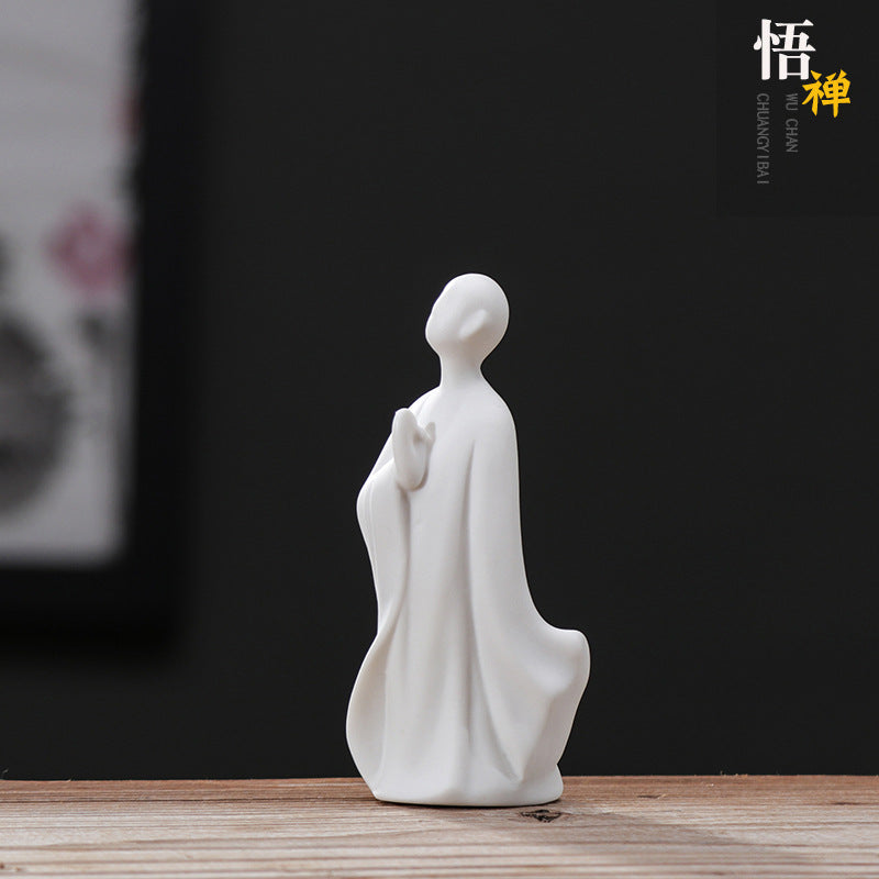 zensoullab Zen White Porcelain Figure Chinese Style Little Monk Tea Ceremony Accessories Ceramic Formless Buddha Bonsai Fish Tank Decoration Home Ornament