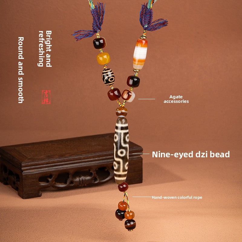 zensoullab Natural Yellow Nine-Eye Dzi Bead Necklace Taiwan Work Agate Pendant Unisex Couple Style Braided Necklace In Stock