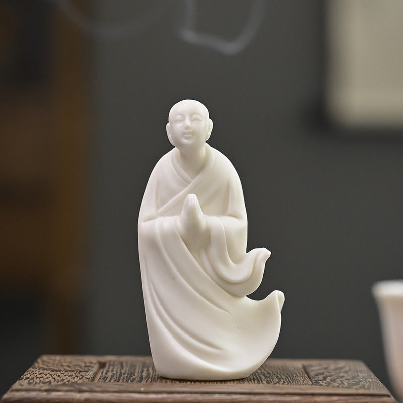 zensoullab Zen Ceramic Figure Chinese Style Desktop White Porcelain Small Ornament Little Monk Fish Tank Landscaping Bonsai Home Handmade Decoration