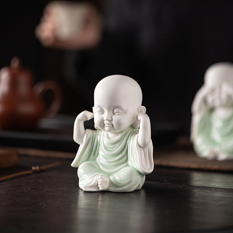zensoullab Chinese Zen Style Four Little Monks Figurines Ceramic Characters Buddhist Home Living Room Curio Cabinet Decorations Micro Landscape