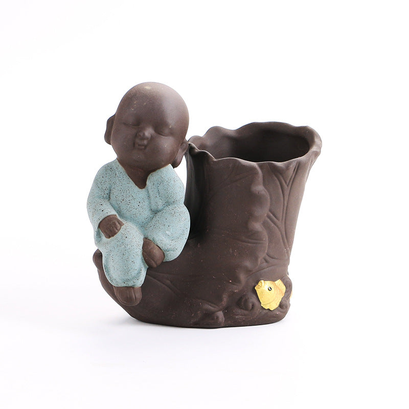 zensoullab Purple Clay Little Monk Tea Pet Ornament Premium Cultivable Creative Hydroponic Flower Arrangement Six Gentlemen Kung Fu Tea Set Accessories
