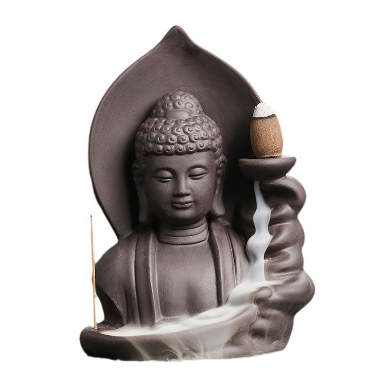 zensoullab Purple Clay Buddha Backflow Incense Burner Creative Lotus Leaf Buddha Backflow Sandalwood Incense Burner Craft