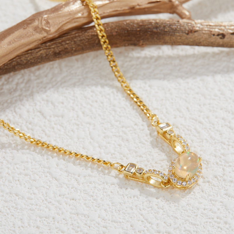 zensoullabs 925 Sterling Silver Inlaid Natural Opal Cabochon Pendant for Women Vintage Light Luxury Palace Style Necklace Accessory