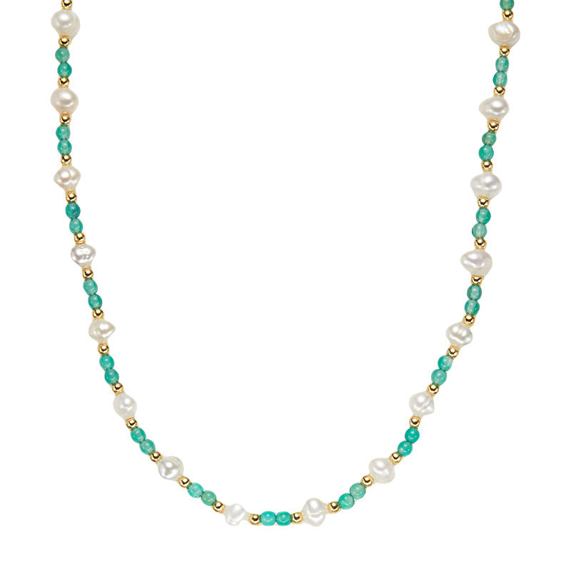 Zensoullab925 Sterling Silver Natural Pearl Green Chalcedony Colored Gems Necklace Women's High-Grade Sweet Personality Handmade Beaded