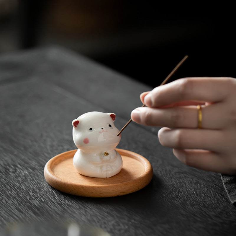 zensoullab Creative Ceramic Cute Little Cat Incense Holder Incense Tray Home Indoor Sandalwood Agarwood Incense Burner Incense Holder Ornament