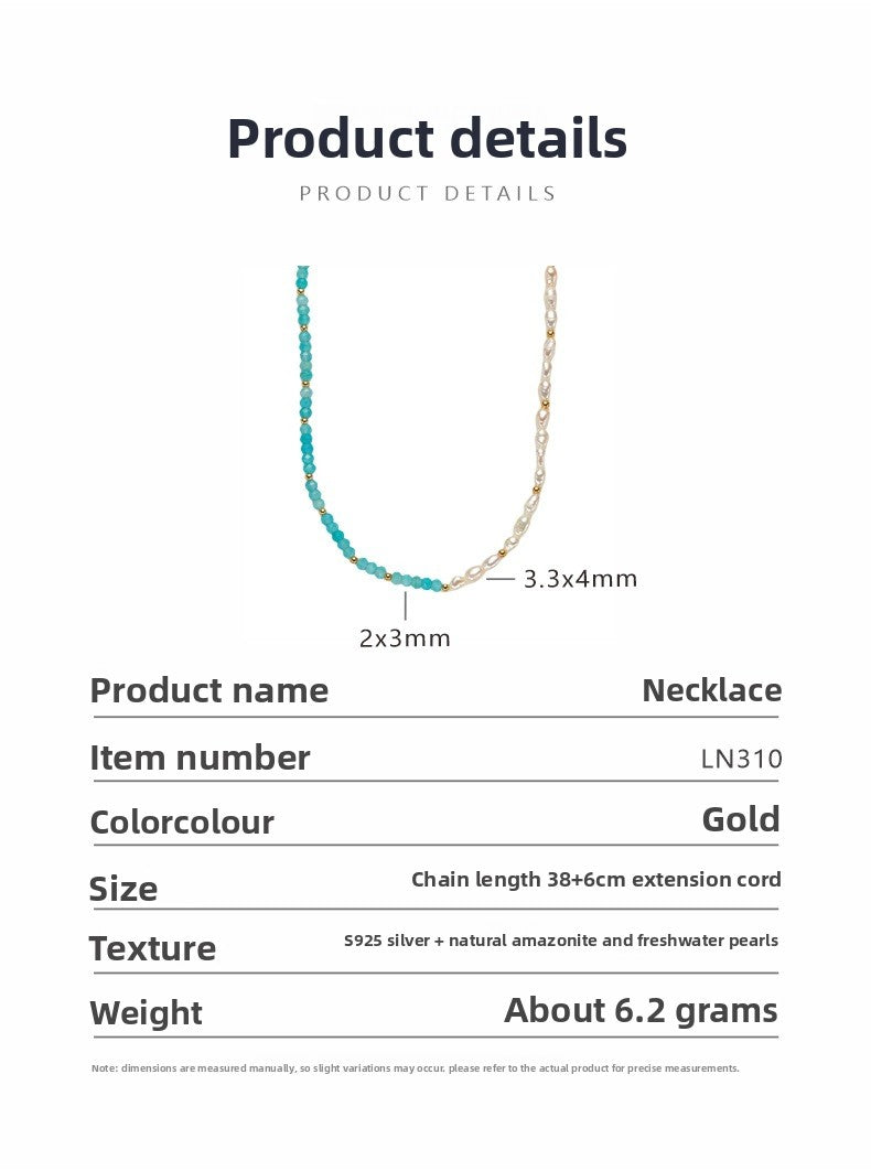 zensoullab S925 Sterling Silver Natural Amazonite and Freshwater Pearl Gemstone Necklace for Women, Niche Vintage Beaded Patchwork