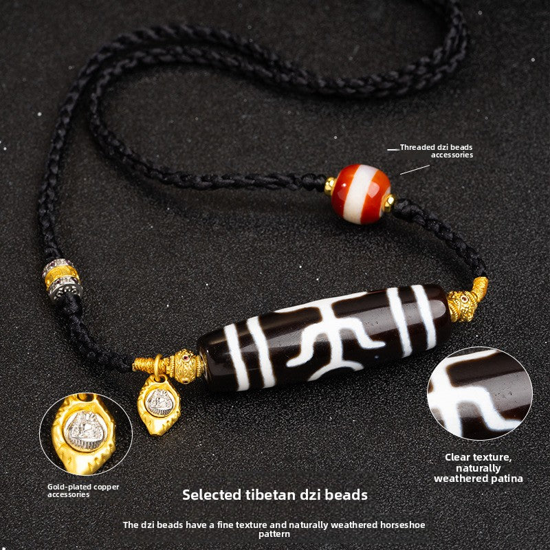 zensoullab Tibetan Nine-Eyed Dzi Bead Necklace with Layered Patina Multi-Totem Agate Pendant Couple Style Woven Necklace