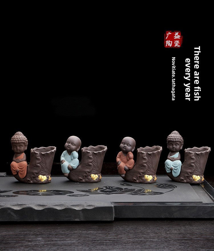 zensoullab Purple Clay Little Monk Tea Pet Ornament Premium Cultivable Creative Hydroponic Flower Arrangement Six Gentlemen Kung Fu Tea Set Accessories