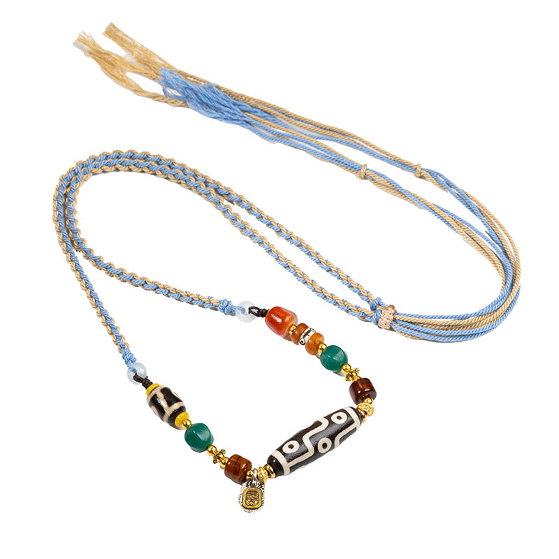 zensoullab Natural Tibetan Style Yellow Nine-Eyed Dzi Bead Necklace Multi-Totem Agate Pendant Couple Style Woven Necklace In Stock