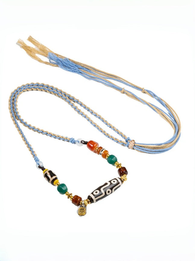 zensoullab Natural Tibetan Style Yellow Nine-Eyed Dzi Bead Necklace Multi-Totem Agate Pendant Couple Style Woven Necklace In Stock