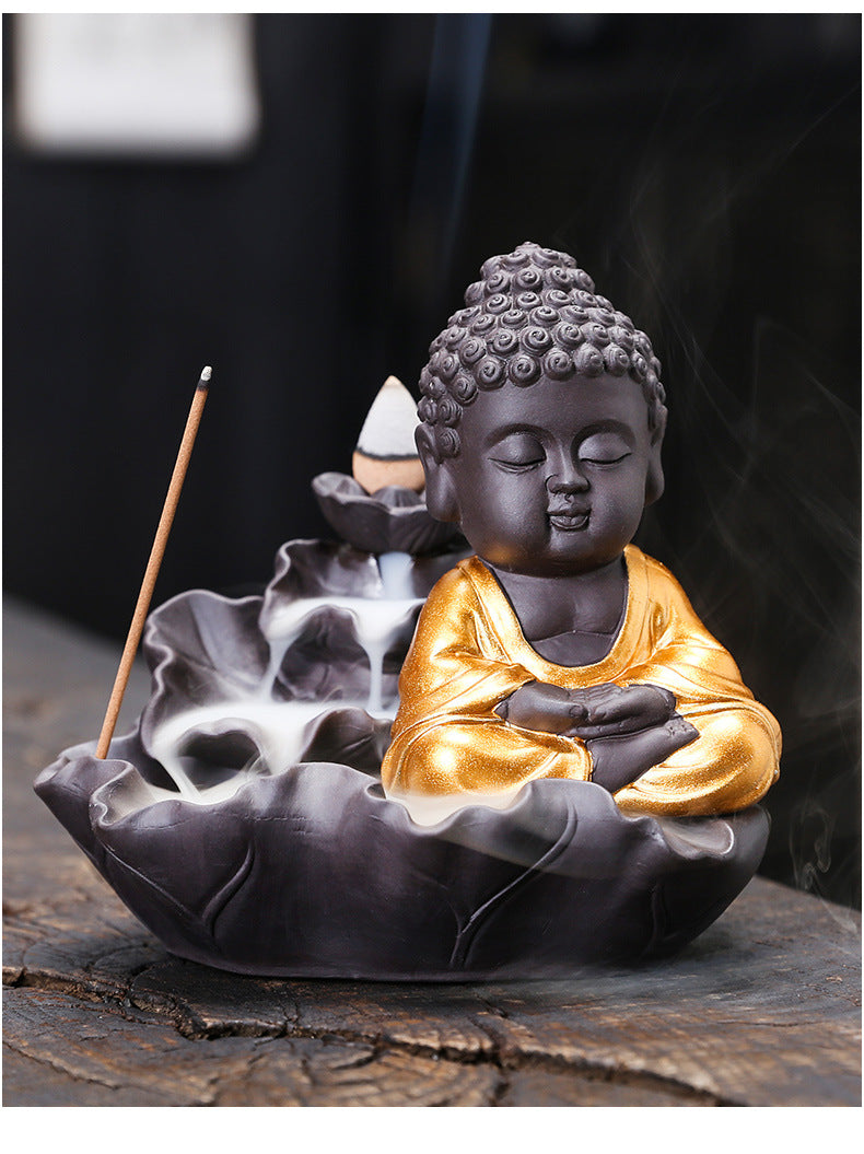 zensoullab Purple Clay Lotus Leaf Backflow Incense Burner Home Decor Creative Lotus Gold-Plated Buddha Incense Backflow Burner