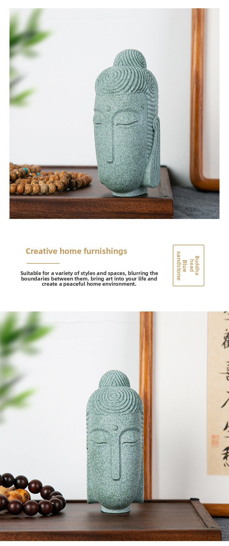 zensoullab Chinese Style National Trend Creative Stone Tea Pet Northern Wei Dynasty Buddha Head Home Office Decoration Green Sand Stone Zen Ornament