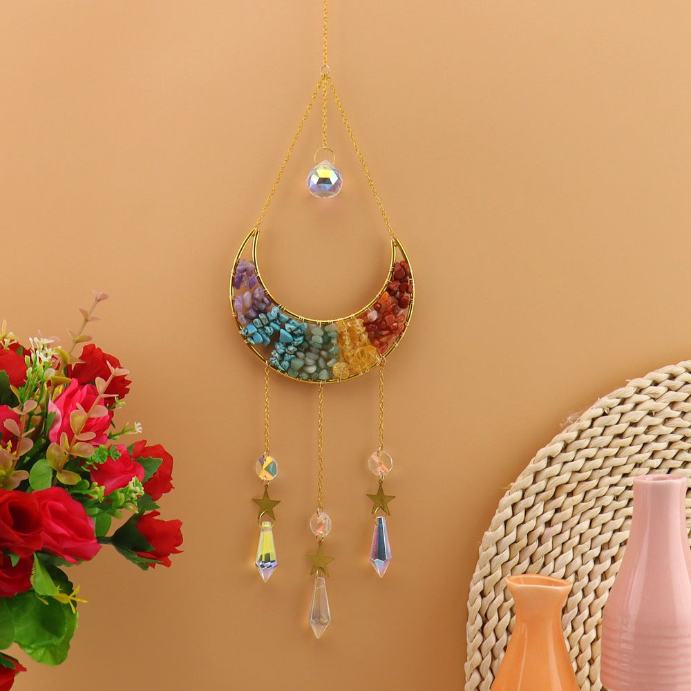 zensoullab Live Natural Crystal Colorful Crushed Stone Moon Sun Catcher Hanging Ornament Wind Chime Decoration Pendant