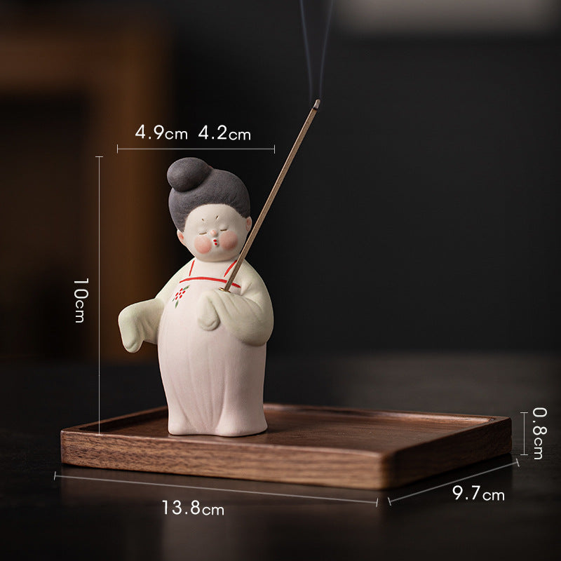 zensoullab Ancient Style Tang Dynasty Female Figure Ceramic Incense Burner Zen Incense Holder Incense Stand Chinese Tea Table Incense Ceremony Incense Burner Incense Burner Ornament