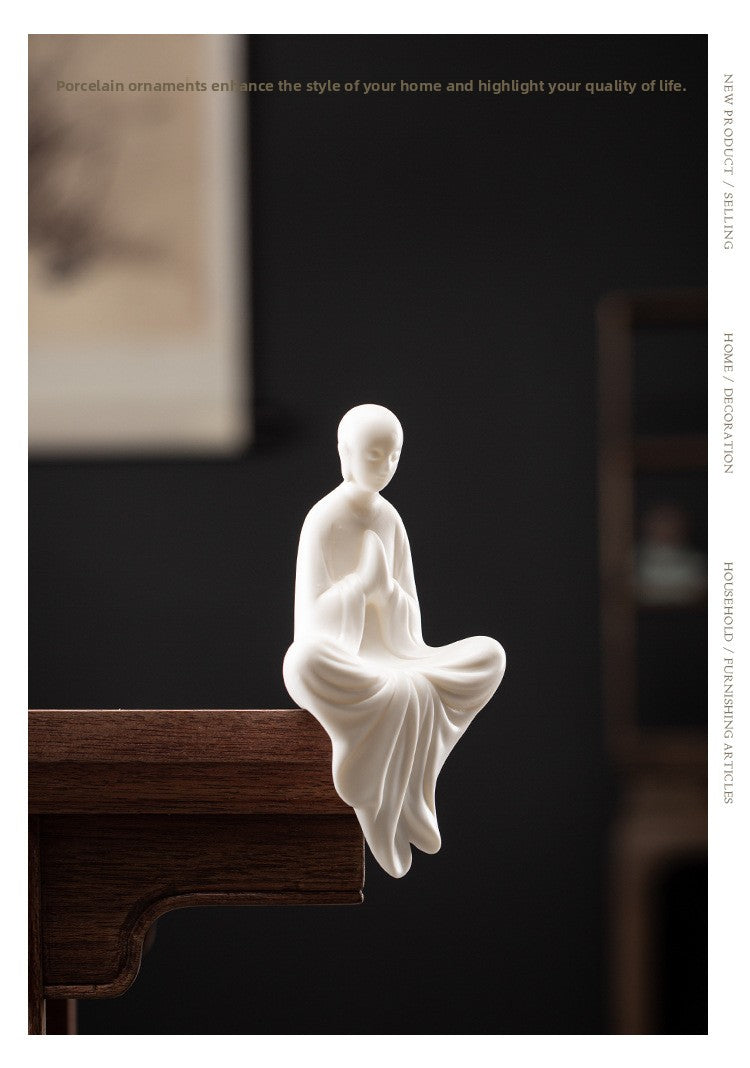 zensoullab Zen New Chinese Style White Porcelain Figure Formless Buddha Living Room Study Entrance Decoration Ceramic Little Monk Craft