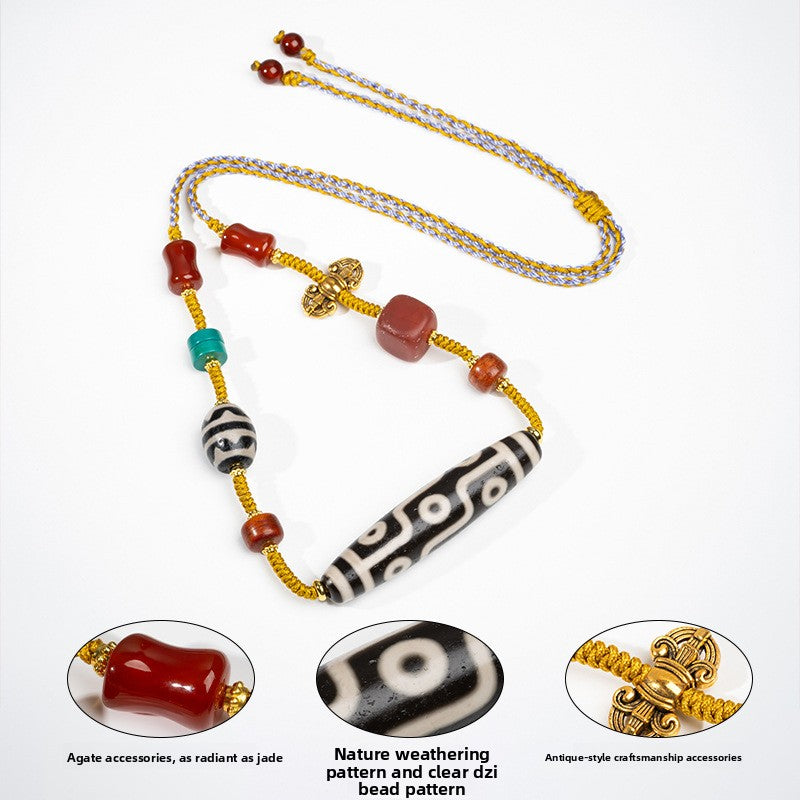 zensoullab Natural Yellow Nine-Eye Dzi Bead Necklace Taiwan Work Agate Pendant Unisex Couple Style Braided Necklace In Stock