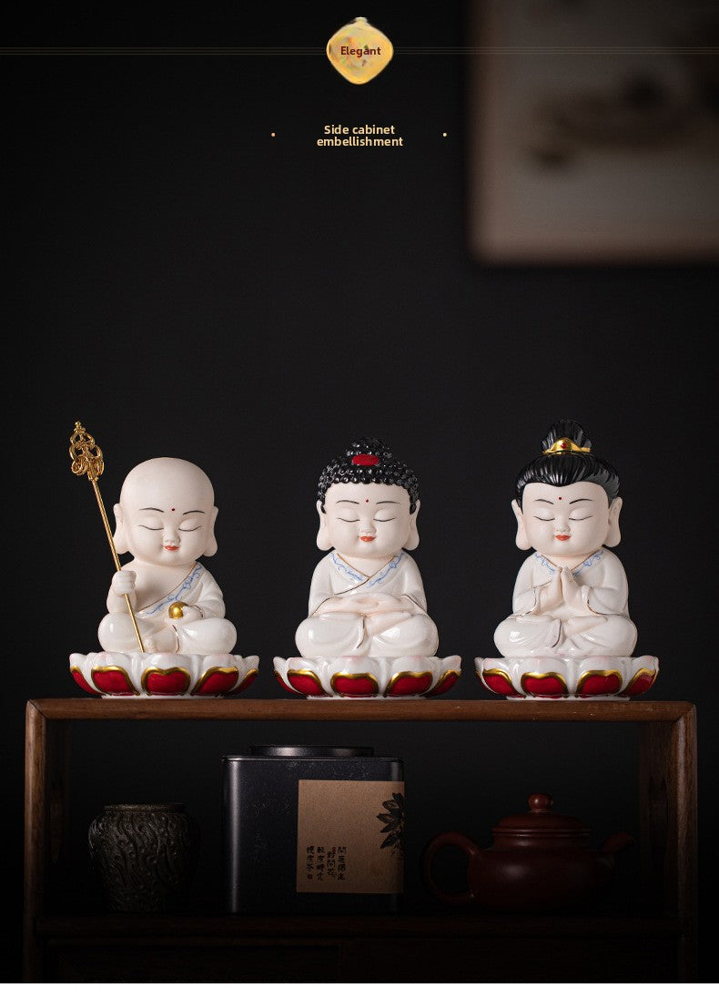 zensoullab Zen Style Chinese Ceramic Three Saints Buddha Guanyin Ksitigarbha Desktop Small Ornaments Creative Home Living Room Household Decorations