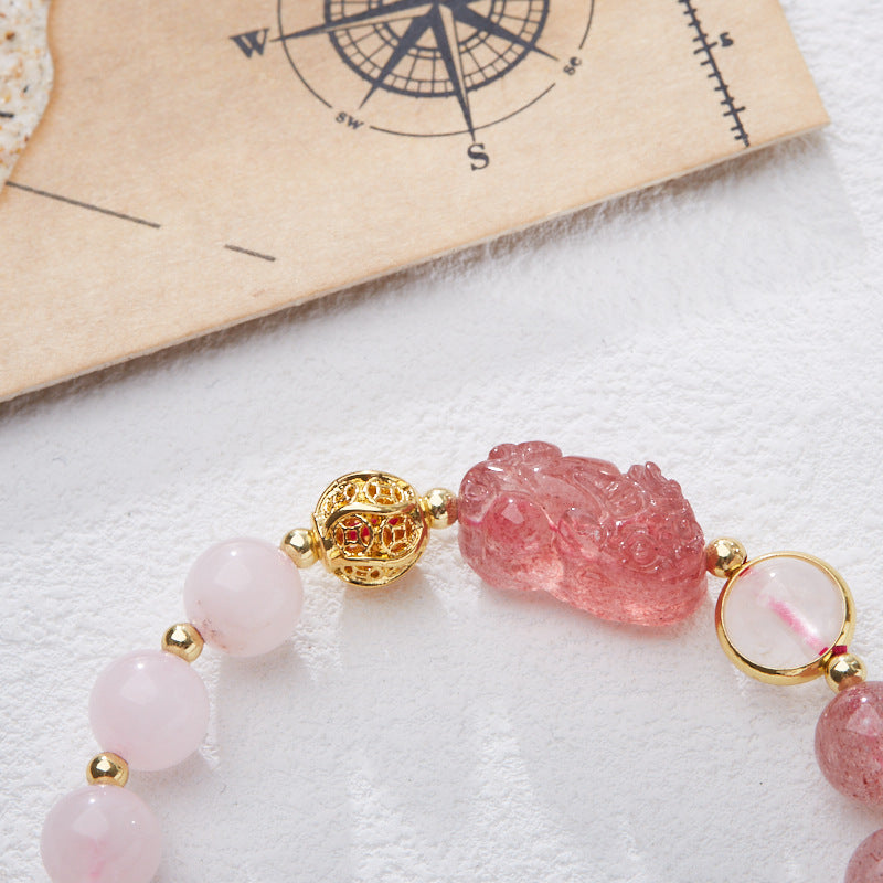 zensoullab Natural Strawberry Crystal Pink Crystal Double Bracelet for Women Strawberry Crystal Pixiu Wealth Flower Good Luck Crystal Bracelet