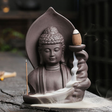 zensoullab Purple Clay Buddha Backflow Incense Burner Creative Lotus Leaf Buddha Backflow Sandalwood Incense Burner Craft