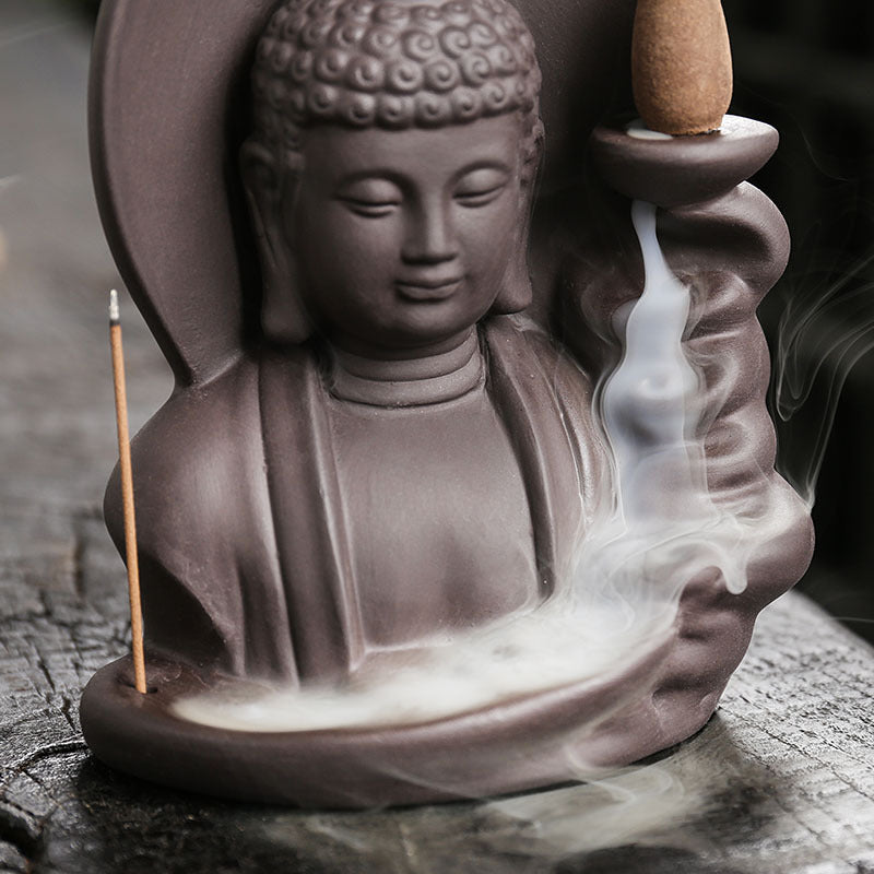 zensoullab Purple Clay Buddha Backflow Incense Burner Creative Lotus Leaf Buddha Backflow Sandalwood Incense Burner Craft