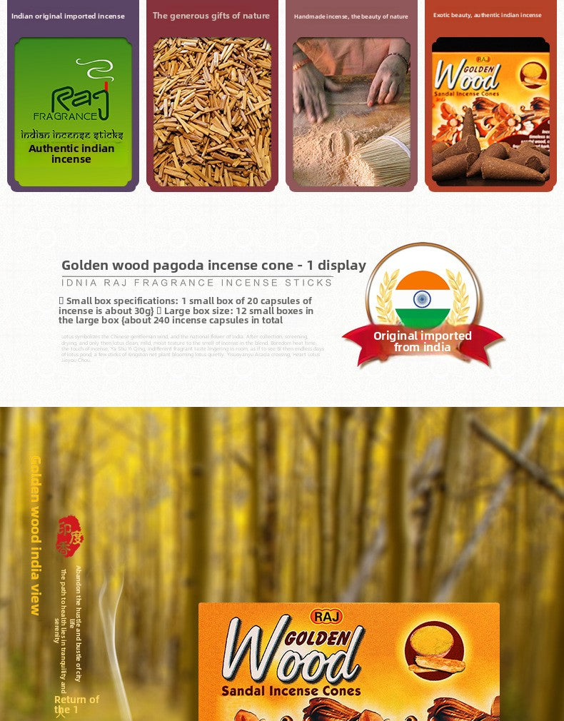 zensoullab Indian Incense Golden Wood Original Imported Laoshan Sandalwood Handmade Aromatherapy Incense Tower Incense Cone Incense 179