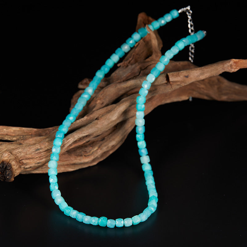 zensoullab Live S925 Sterling Silver Natural Amazonite Gemstone Beaded Necklace for Women Collarbone Chain