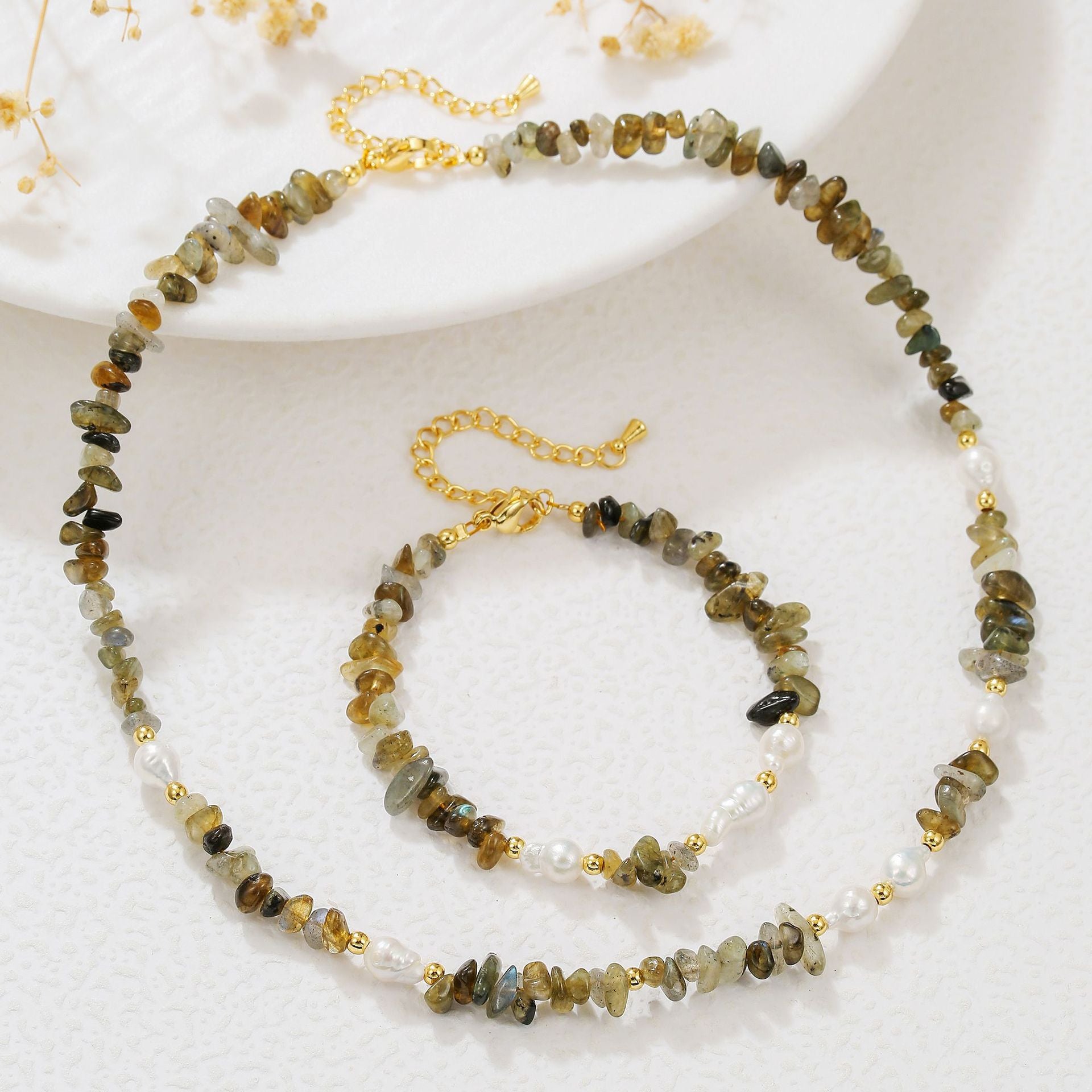 Zensoullab2025 Autumn and Winter Freshwater Pearl Necklace Bracelet Maillard Moonstone Pearl Sweater Chain High-Grade Light Luxury