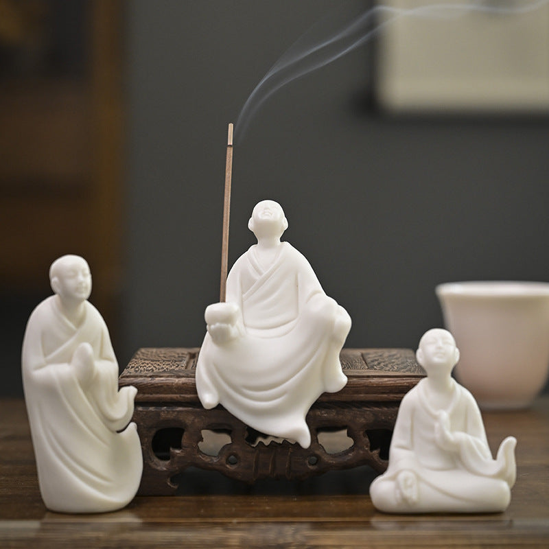 zensoullab Zen Ceramic Figure Chinese Style Desktop White Porcelain Small Ornament Little Monk Fish Tank Landscaping Bonsai Home Handmade Decoration