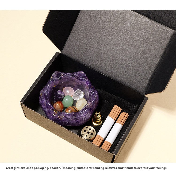 zensoullab Natural Amethyst Crushed Stone Lotus Bowl Incense Holder Set Box Demagnetization Meditation Yoga Incense Burner Incense Holder Base