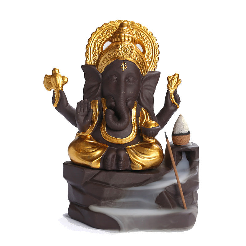 zensoullab Purple Clay Sandalwood Incense Burner Home Decor Creative Gold-Plated Ganesha Mountain Water Backflow Incense Burner Craft