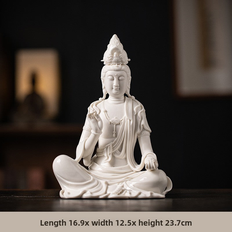 zensoullab Zen Style Chinese White Porcelain Holding Bottle Guanyin Buddha Statue Desktop Ornament Home Indoor Entrance Display Cabinet Decoration