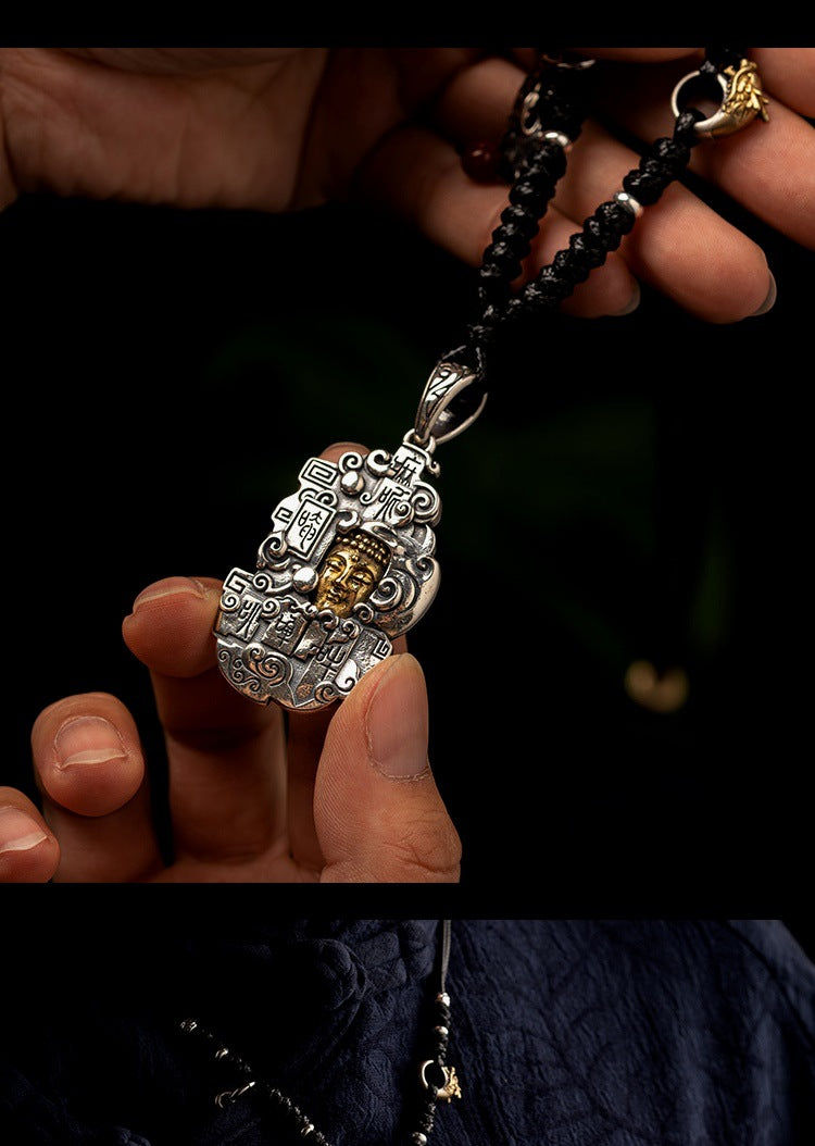 zensoullab Thai Silver Personalized Retro Six-Word Mantra Buddha Head Armor Trendy Creative Peace Jewelry Necklace Pendant for Men and Women