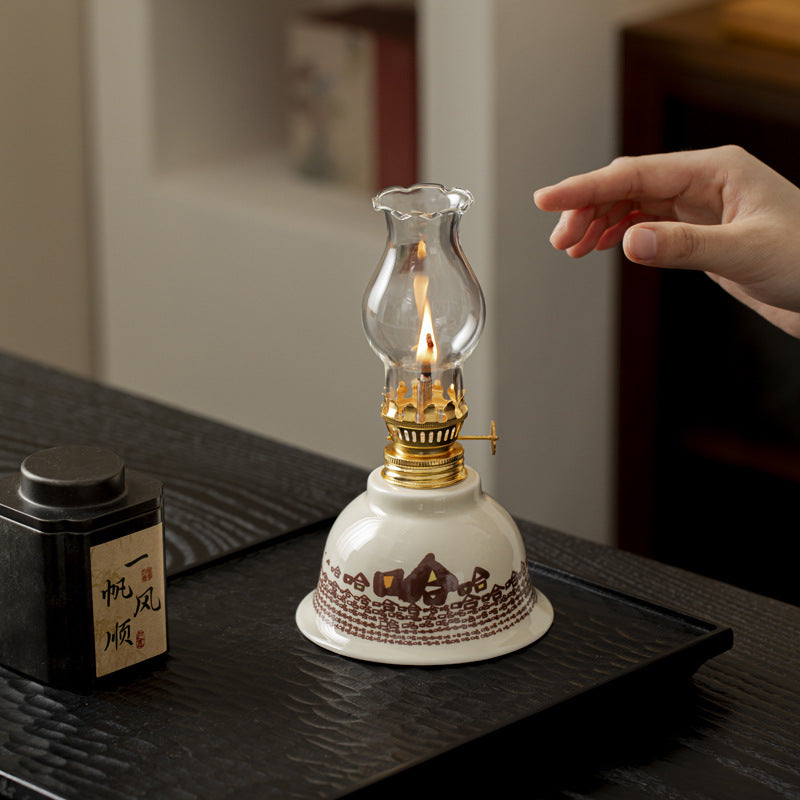 zensoullab Ceramic Butter Lamp with Plant Ash, Chinese Style Retro Tea Ceremony Home Indoor Atmosphere Ornament
