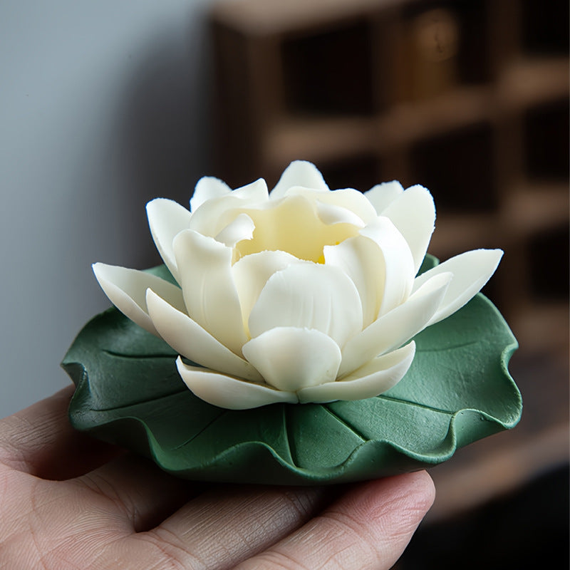 zensoullab Creative Ceramic Lotus Incense Holder Ornament Tea Pet Handmade Artificial Flower Home Small Incense Burner Incense Burner Agarwood Holder