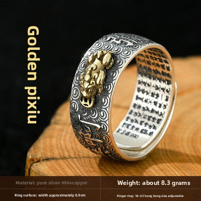 Zensoullab Vintage Thai Silver Zodiac Ring Birth Buddha Heart Sutra Opening Adjustable Men and Women Eight Patron Saints Ring