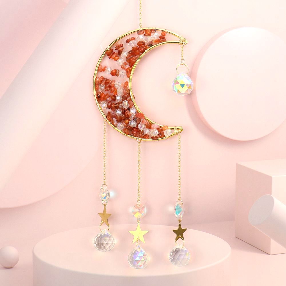 zensoullab Handmade Beaded Natural Crystal Crushed Stone Moon Star Wind Chime Craft Decoration Pendant Sun Catcher