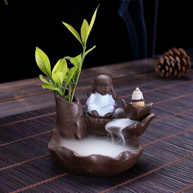 zensoullab Purple Clay Backflow Incense Burner Ceramic Creative Ornament Craft Incense Little Monk Viewing Smoke Mountain Water Flow