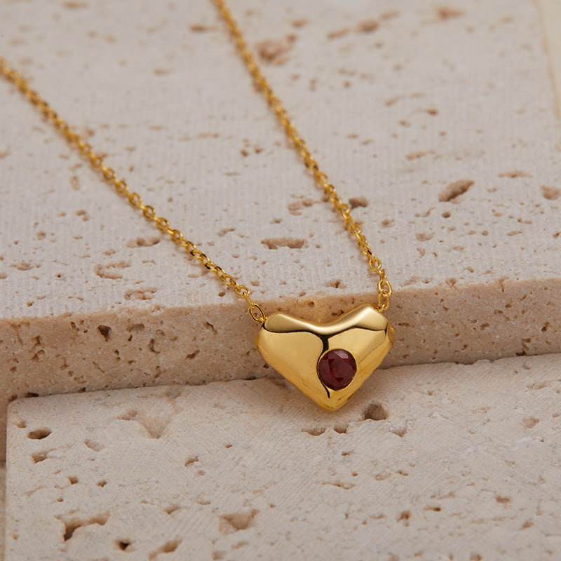 zensoullab S925 Sterling Silver Natural Garnet Gemstone Heart Necklace for Women, Niche Design, Simple and Unique Collarbone Chain Set